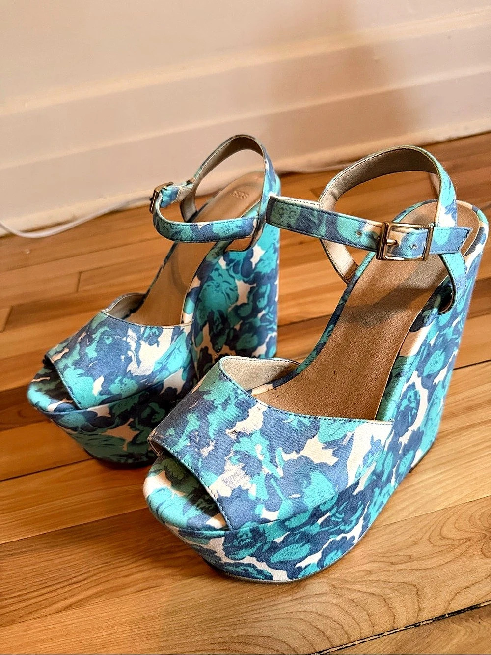 ASOS Floral Platform Wedge Heels in Blue & Green